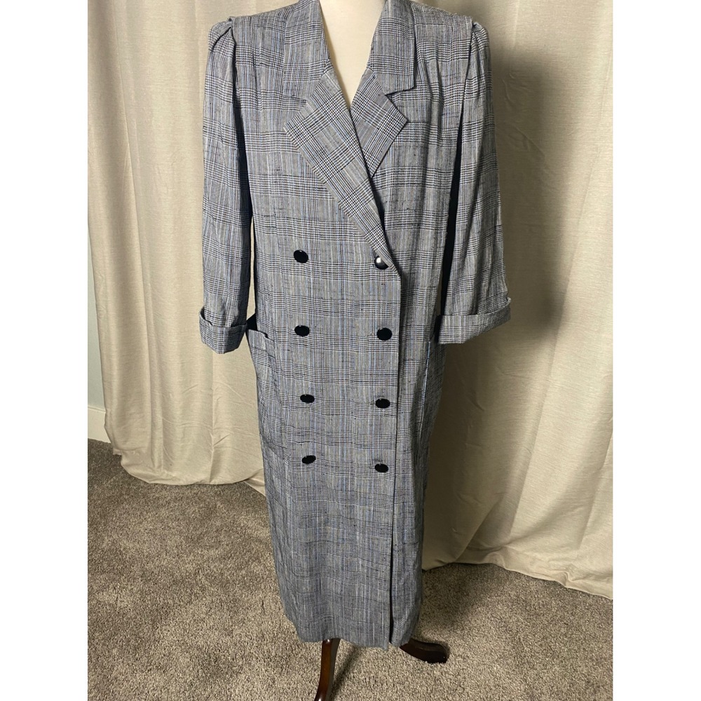 Vintage Leslie Fay Plaid Duster Coat Womens 14 Grey Blue Double Breasted 80s 90s